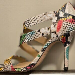 Never been Worn Verene Snake Print Leather Strappy Dress Sandals